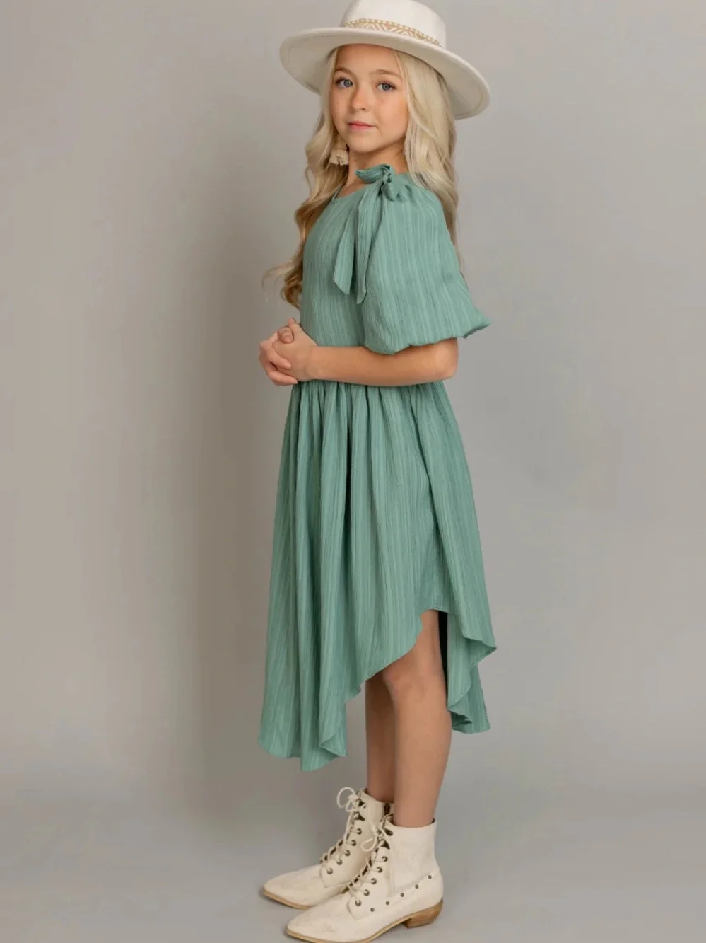 Joyfolie Mint Green Puff-Sleeve Dress with Shoulder Ties